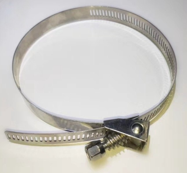 Close-up of stainless steel hose clamp structure